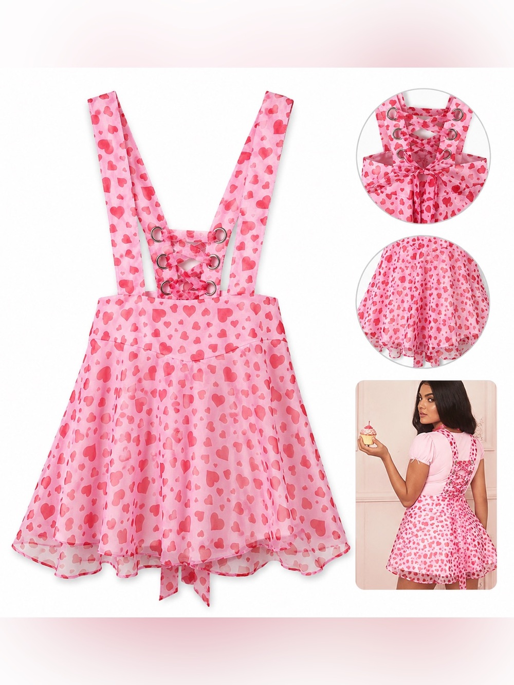 NWT Dolls Kill Sugar Thrillz Love Surrounds Me Heart Pinafore Skirt Large Pink